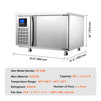 Commercial Blast Freezer, 80 L / 2.8 Cu.ft Blast Chiller with 3 Trays,