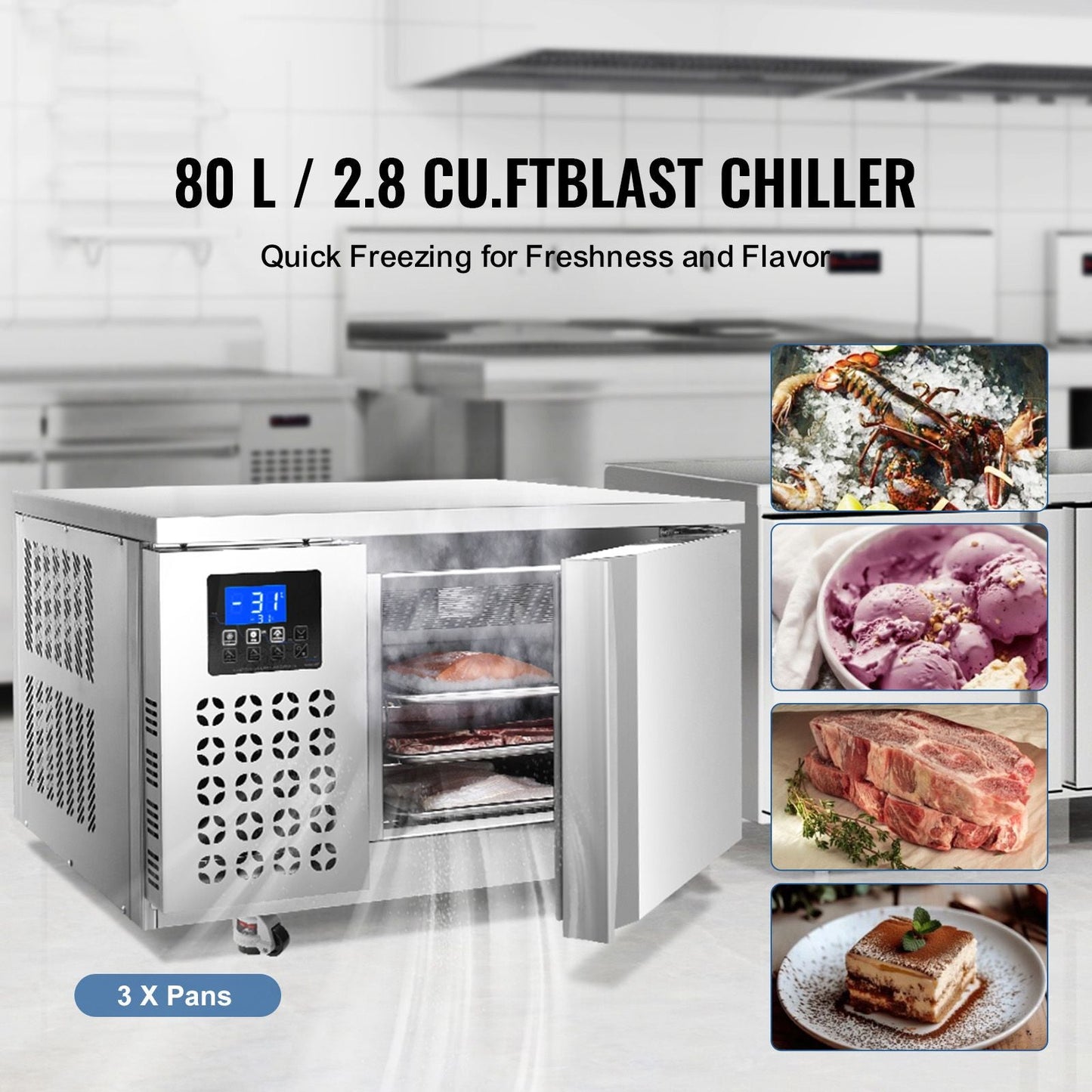 Commercial Blast Freezer, 80 L / 2.8 Cu.ft Blast Chiller with 3 Trays,